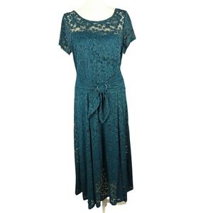Perceptions New York Floral Lace‎ Midi Dress Sz M Peacock Blue Cinchable Waist
